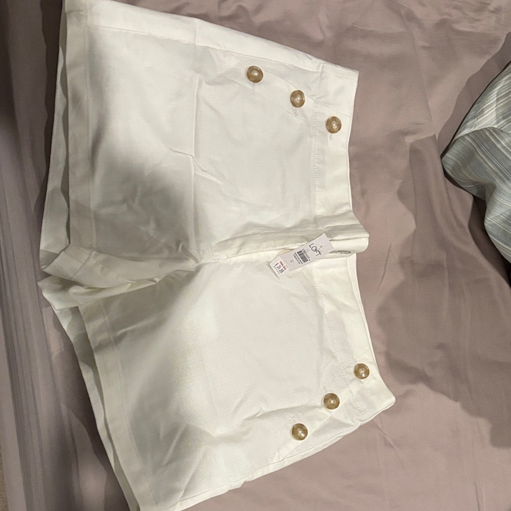 LOFT White High Waist Shorts with Tan Buttons